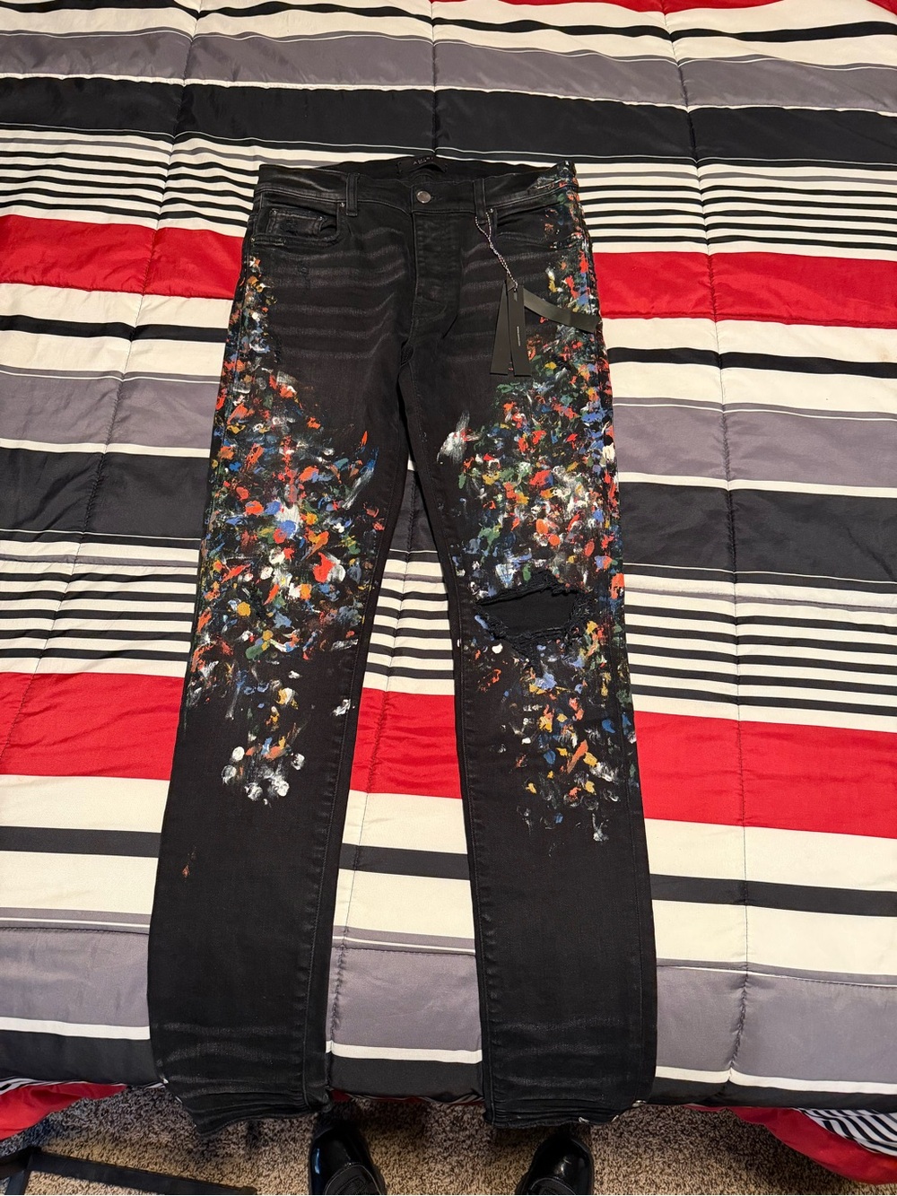 AMIRI Black Skinny Jeans with Multicolor Paint Splatter